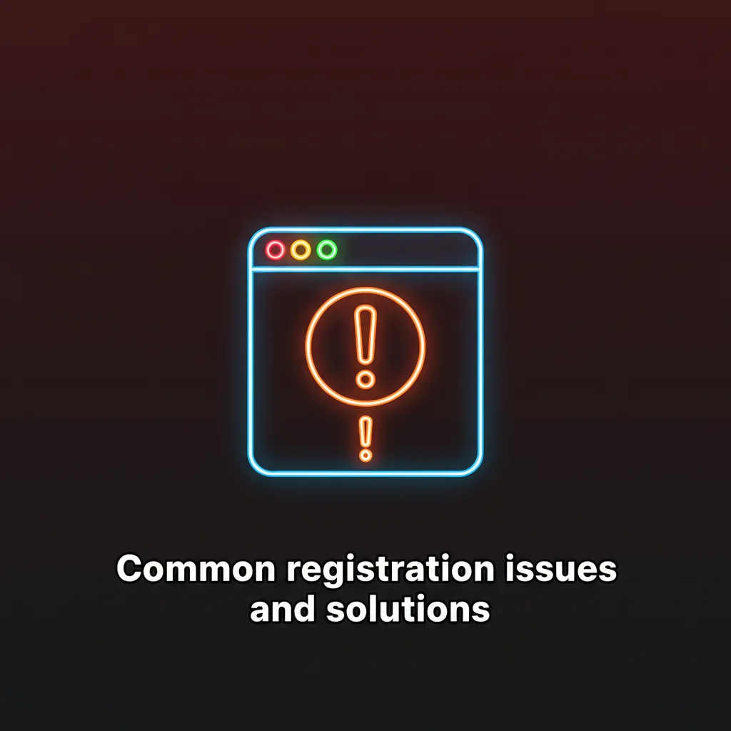 Infographic: registration issues and fixes—no email, code errors, address mismatch, duplicate account, geolocation; support.