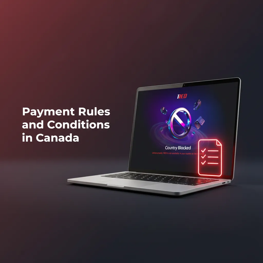 Infographic on 1Red Canada payment rules: AML/KYC, name match, same-method withdrawals, 1x turnover, CAD limits.